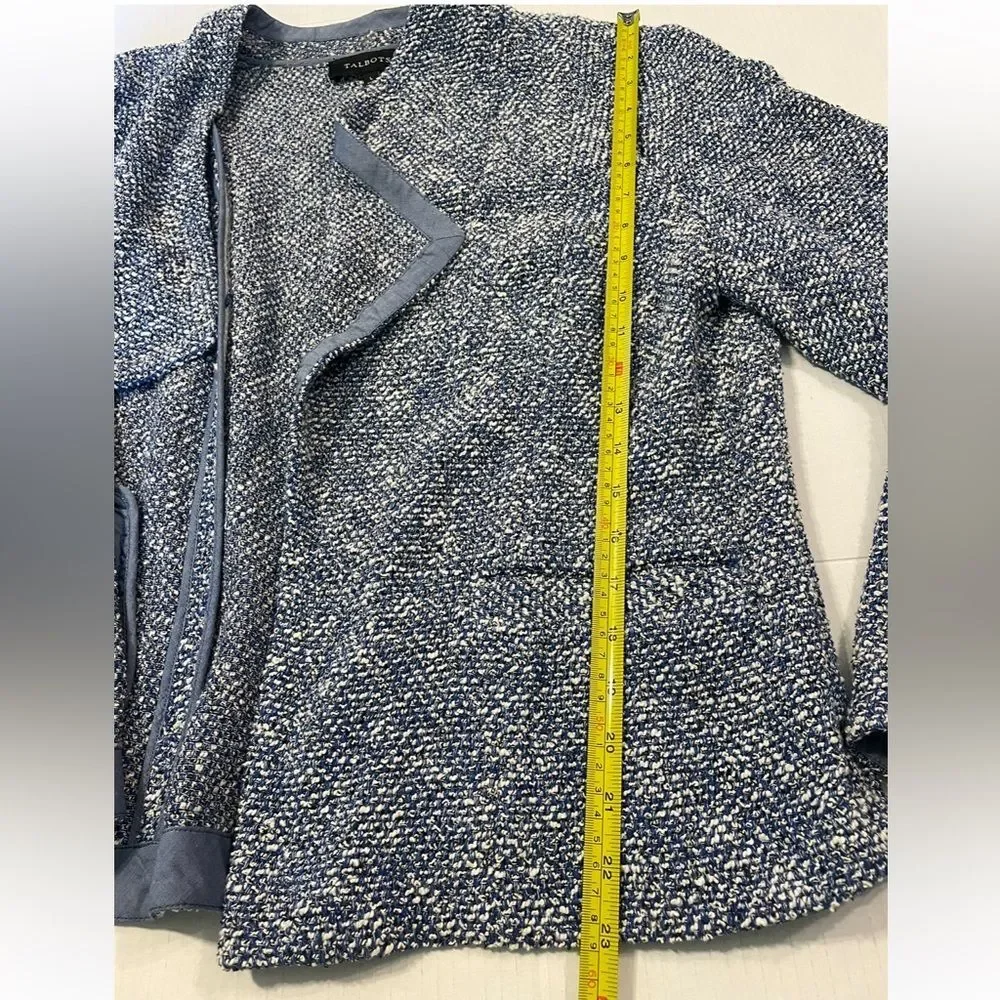 Talbots Open Front Waterfall Blazer Jacket Blue Tweed Boucle Cotton Size Large - Picture 13 of 15